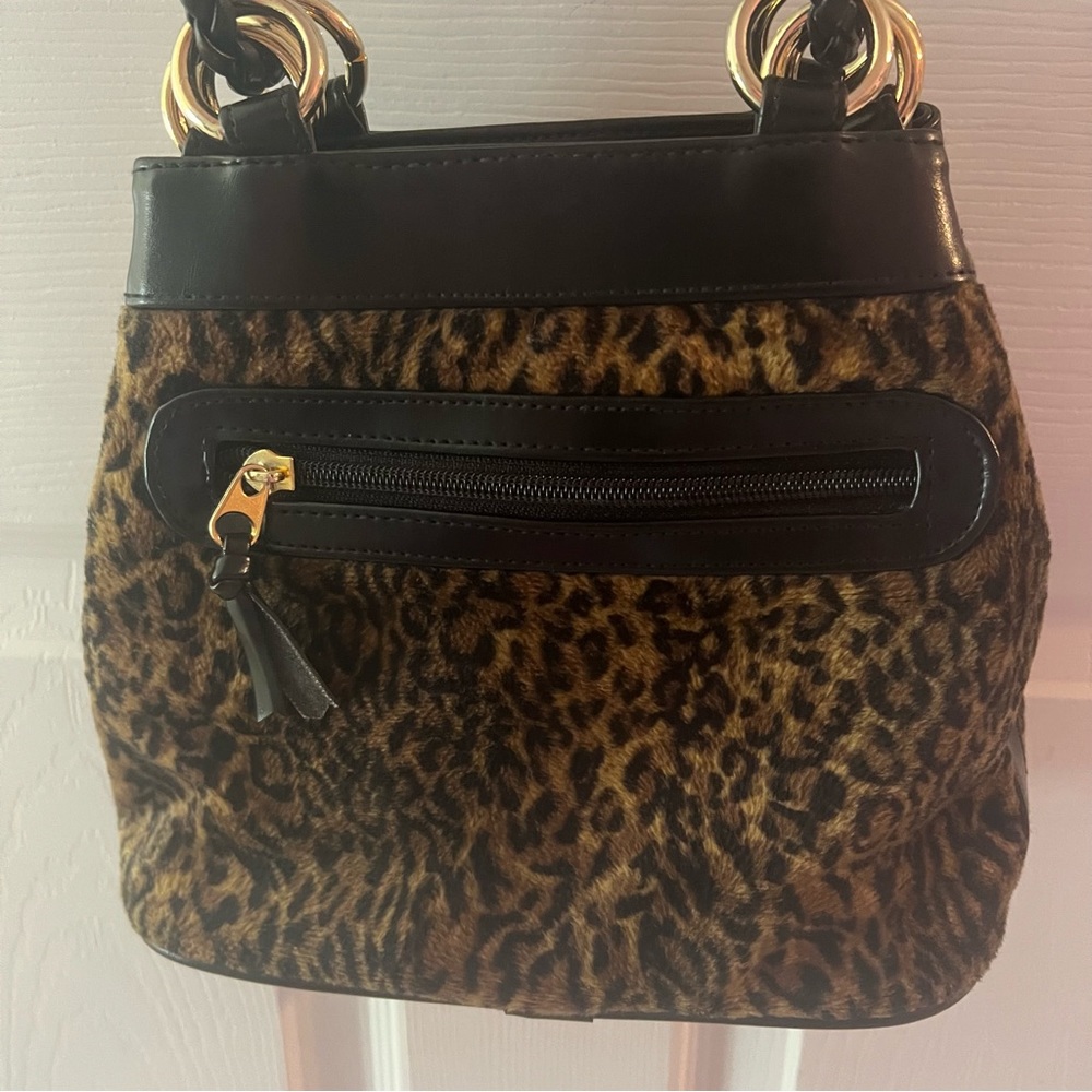 Tianni faux fur leopard print double strap bucket bag